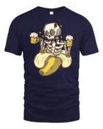 Funny Skeleton Banana Beer Lover Graphic T Shirt Party Tee - navy t-shirt on white background