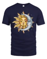 Sun Moon Celestial Face Graphic T Shirt Cosmic Balance Tee - navy t-shirt on white background