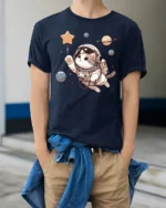Cute Cat Astronaut Space Graphic T Shirt Cosmic Kitty Tee - model wearing navy tee with hands in pockets
