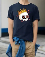 Funny Skull Crown Graphic T Shirt Cartoon King Skull Tee - model wearing navy tee with hands in pockets