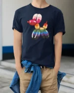 Rainbow Balloon Dog Graphic T Shirt Colorful Cute Art Tee - model wearing navy tee with hands in pockets