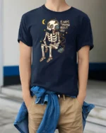 Always Thinking About You Skeleton Music Lover Tee Tshirt - model wearing navy tee with hands in pockets