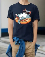 Funny Cool Cat Pizza Lover Graphic Tee Cute Chill Tshirt - model wearing navy tee with hands in pockets