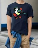 Colorful Songbird Branch Art Graphic Tee Cute Nature Tshirt - model wearing navy tee with hands in pockets