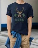 Legends Dont Miss Deer Hunting Graphic Tee Outdoor Tshirt - model wearing navy tee with hands in pockets