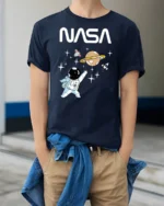 Cute Astronaut Space Adventure Graphic Tee Funny NASA Tshirt - model wearing navy tee with hands in pockets