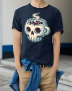 Skull Coffee Mug Graphic T Shirt Dark Humor Caffeine Tee - model wearing navy tee with hands in pockets