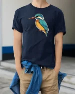 Elegant Kingfisher Bird Line Art Graphic Tee Nature Tshirt - model wearing navy tee with hands in pockets
