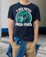 T Rex Hates High Fives Funny Dinosaur Graphic T Shirt Tee - model wearing navy tee with hands in pockets