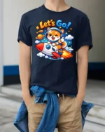Lets Go Cute Astronaut Dog Rocket Graphic T Shirt Space Tee - model wearing navy tee with hands in pockets