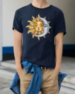 Sun Moon Celestial Face Graphic T Shirt Cosmic Balance Tee - model wearing navy tee with hands in pockets