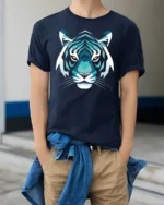 Geometric Tiger Face Graphic T Shirt Bold Animal Art Tee - model wearing navy tee with hands in pockets