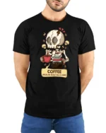 Coffee Because Adulting Is Hard Skeleton Funny T Shirt Tee - model wearing black tee with hands behind back