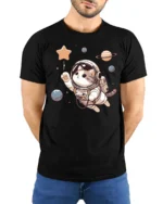 Cute Cat Astronaut Space Graphic T Shirt Cosmic Kitty Tee - model wearing black tee with hands behind back