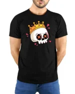Funny Skull Crown Graphic T Shirt Cartoon King Skull Tee - model wearing black tee with hands behind back
