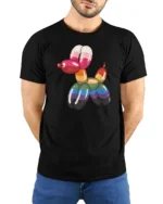 Rainbow Balloon Dog Graphic T Shirt Colorful Cute Art Tee - model wearing black tee with hands behind back