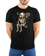Always Thinking About You Skeleton Music Lover Tee Tshirt - model wearing black tee with hands behind back