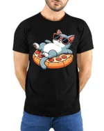 Funny Cool Cat Pizza Lover Graphic Tee Cute Chill Tshirt - model wearing black tee with hands behind back