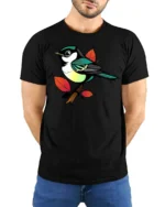 Colorful Songbird Branch Art Graphic Tee Cute Nature Tshirt - model wearing black tee with hands behind back