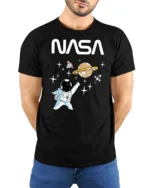 Cute Astronaut Space Adventure Graphic Tee Funny NASA Tshirt - model wearing black tee with hands behind back