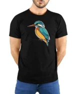 Elegant Kingfisher Bird Line Art Graphic Tee Nature Tshirt - model wearing black tee with hands behind back