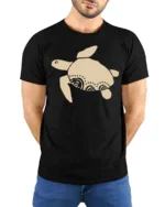 Minimal Sea Turtle Tribal Art Graphic Tee Ocean Vibe Tshirt - model wearing black tee with hands behind back