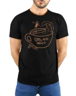 Coffee And Waves Surf Vibe Graphic Tee Beach Lover Tshirt - model wearing black tee with hands behind back