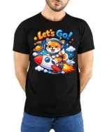 Lets Go Cute Astronaut Dog Rocket Graphic T Shirt Space Tee - model wearing black tee with hands behind back