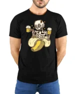 Funny Skeleton Banana Beer Lover Graphic T Shirt Party Tee - model wearing black tee with hands behind back