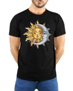 Sun Moon Celestial Face Graphic T Shirt Cosmic Balance Tee - model wearing black tee with hands behind back