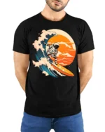 Astronaut Surfing Wave Graphic T Shirt Cosmic Ocean Tee - model wearing black tee with hands behind back