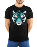 Geometric Tiger Face Graphic T Shirt Bold Animal Art Tee - model wearing black tee with hands behind back
