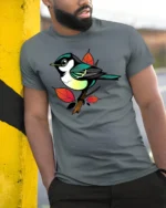 Colorful Songbird Branch Art Graphic Tee Cute Nature Tshirt - model wearing grey tee, leaning on column