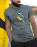 Elegant Kingfisher Bird Line Art Graphic Tee Nature Tshirt - model wearing grey tee, leaning on column