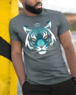 Geometric Tiger Face Graphic T Shirt Bold Animal Art Tee - model wearing grey tee, leaning on column
