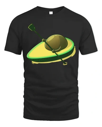 Funny Avocado Surfboard Kayak Cartoon Food Lover T Shirt - black t-shirt on white background