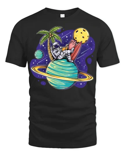 Funny Astronaut Surfing Planet Space Beach Vibes T Shirt - black t-shirt on white background