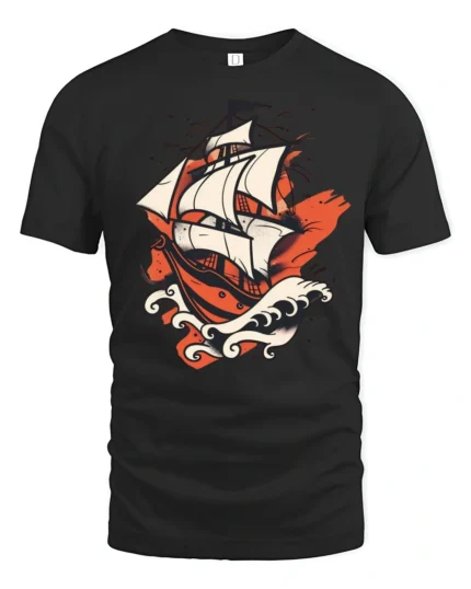 Vintage Sailing Ship Ocean Adventure Bold Graphic T Shirt - black t-shirt on white background