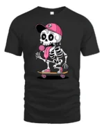 Funny Skateboarding Skeleton With Lollipop Cute Cartoon T Shirt - black t-shirt on white background