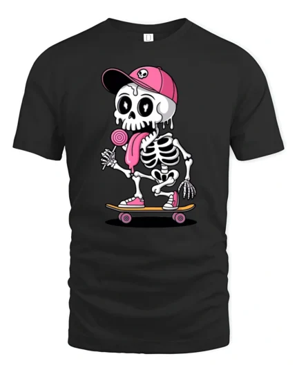 Funny Skateboarding Skeleton With Lollipop Cute Cartoon T Shirt - black t-shirt on white background