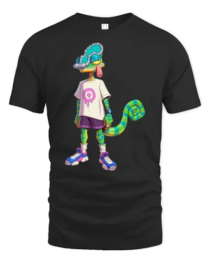 Cool Cartoon Chameleon Street Style Trendy Graphic Tee Tshirt - black t-shirt on white background
