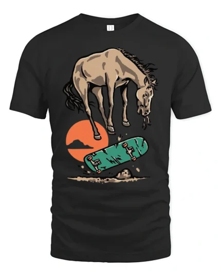 Cool Horse Skater Failing Trick Funny Graphic Tee Tshirt - black t-shirt on white background