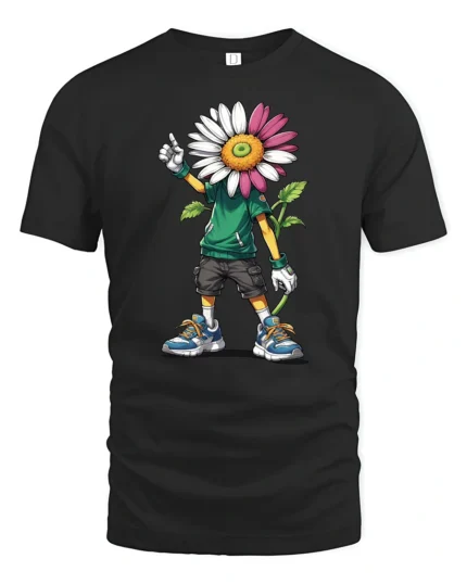 Cool Daisy Head Cartoon Kid Urban Style Graphic Tee Tshirt - black t-shirt on white background
