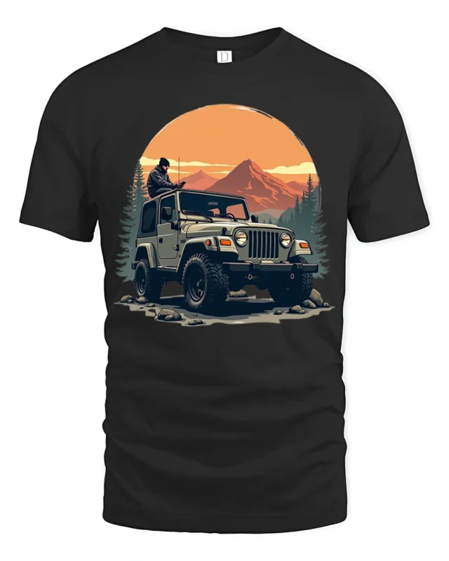 Off Road Jeep Adventure Mountain Sunset Outdoor Graphic T Shirt - black t-shirt on white background