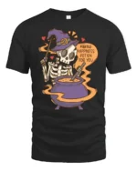Funny Skeleton Witch Making Happiness Potion Cute Halloween T Shirt - black t-shirt on white background