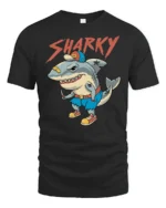 Sharky Funny Cartoon Shark Street Style Graphic T Shirt - black t-shirt on white background