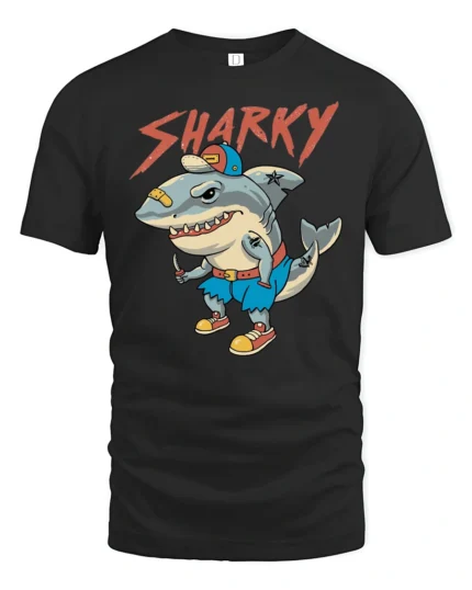 Sharky Funny Cartoon Shark Street Style Graphic T Shirt - black t-shirt on white background