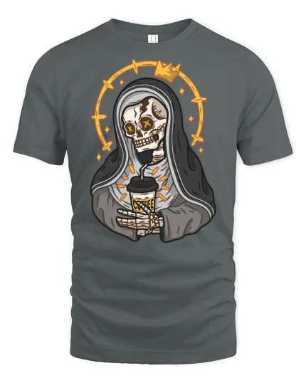 Funny Grim Reaper Coffee Lover T Shirt Cute Skeleton Tee - gray t-shirt on white background