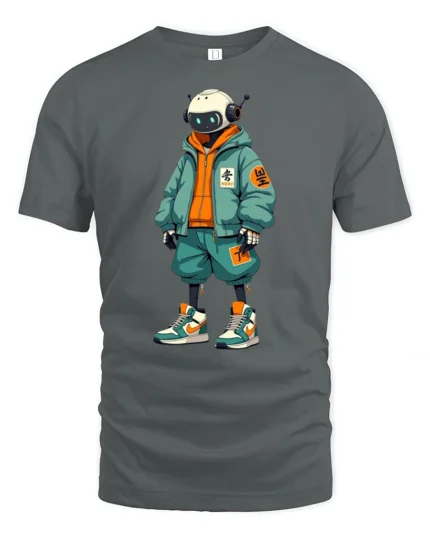 Cool Streetwear Robot Character Urban Style Graphic T Shirt - gray t-shirt on white background