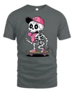 Funny Skateboarding Skeleton With Lollipop Cute Cartoon T Shirt - gray t-shirt on white background